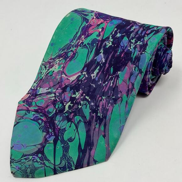 Vintage Moth Hand Marbled 100% Silk Men Tie Abstract Necktie Designer Classic - Picture 1 of 5